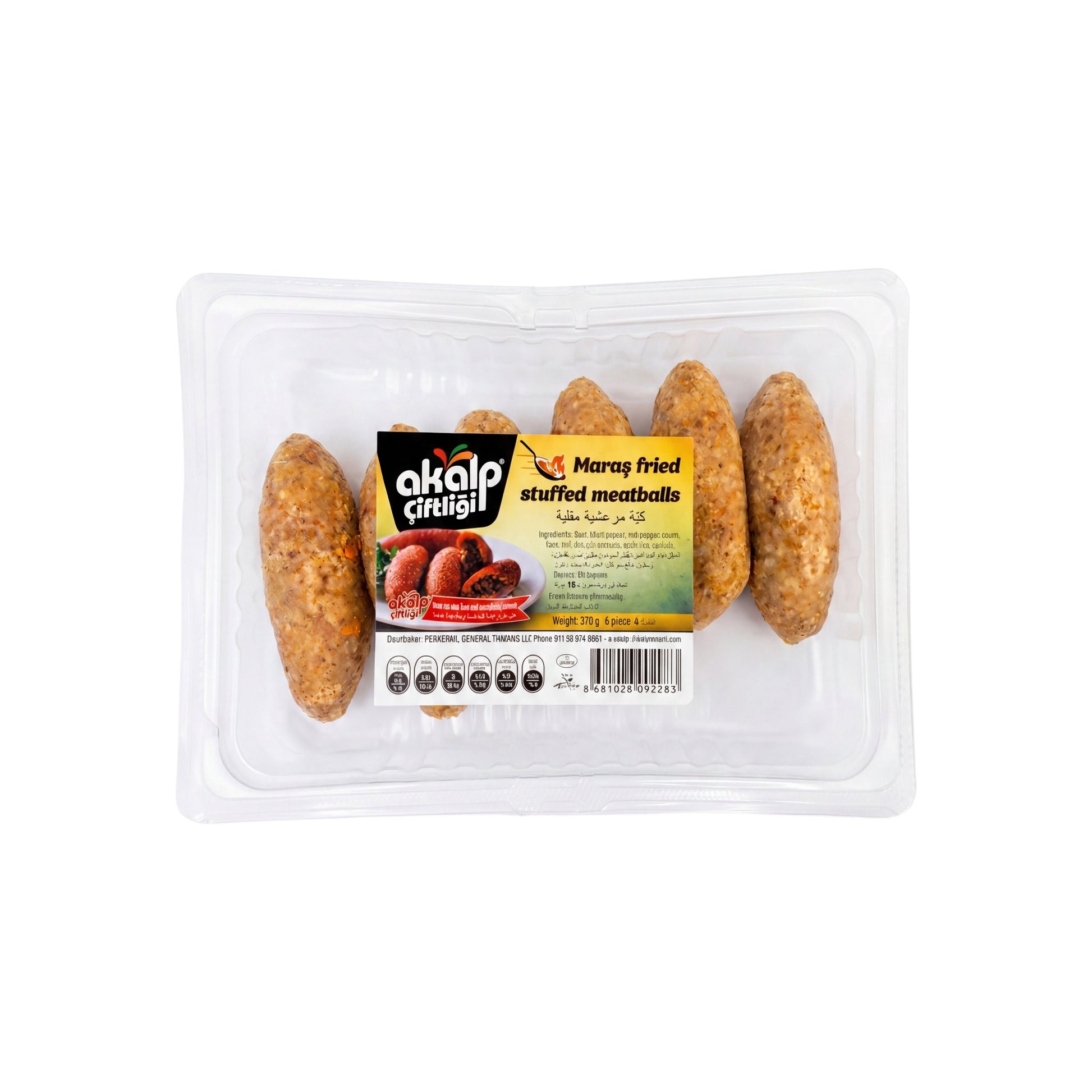 Prime Market AKALP Maras fried stuffed meatballs (Kibbeh) in a clear plastic container, 4 pieces visible.