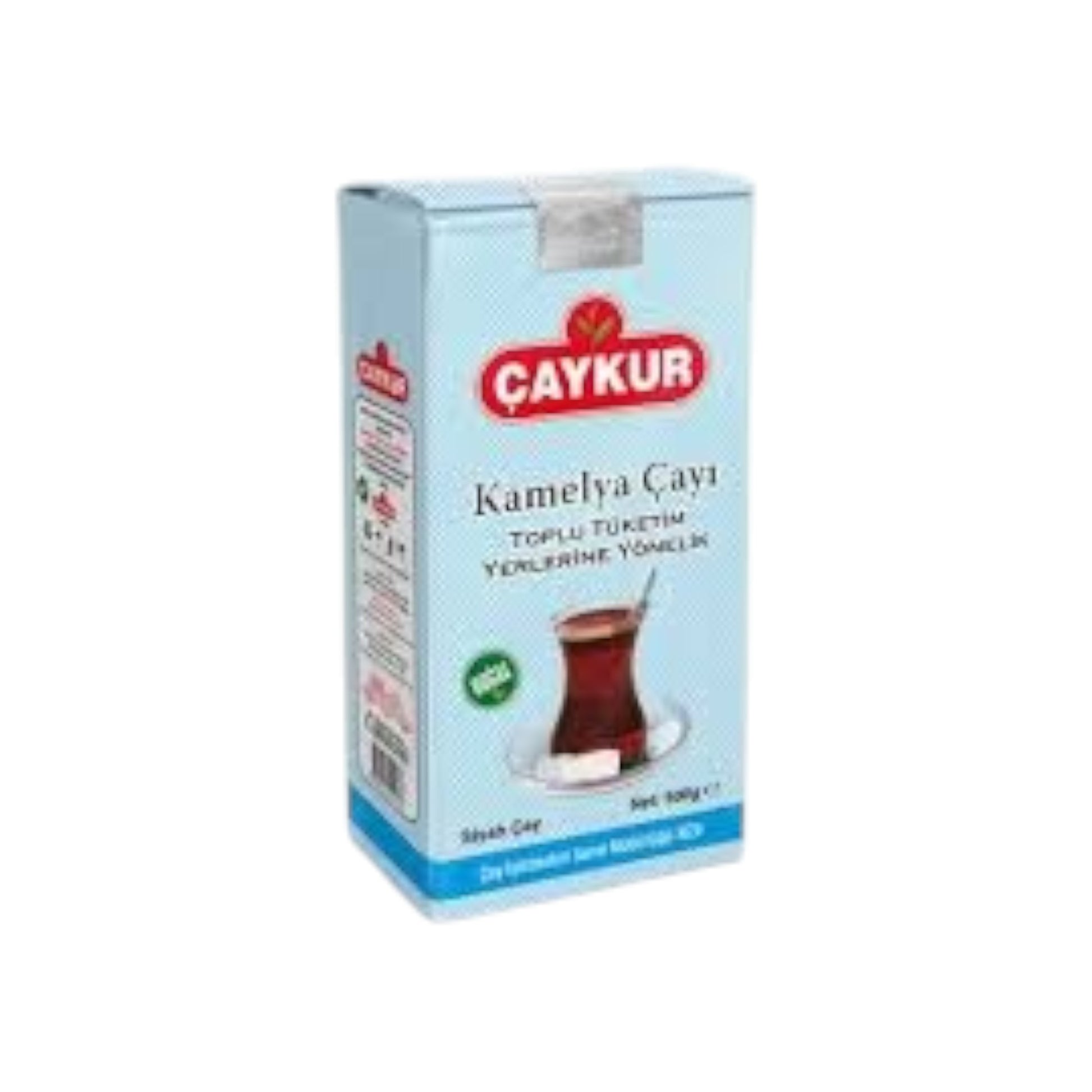 Prime Market CAYKUR Kamelya Çayı black tea 500g box with a glass of tea and sugar cubes.