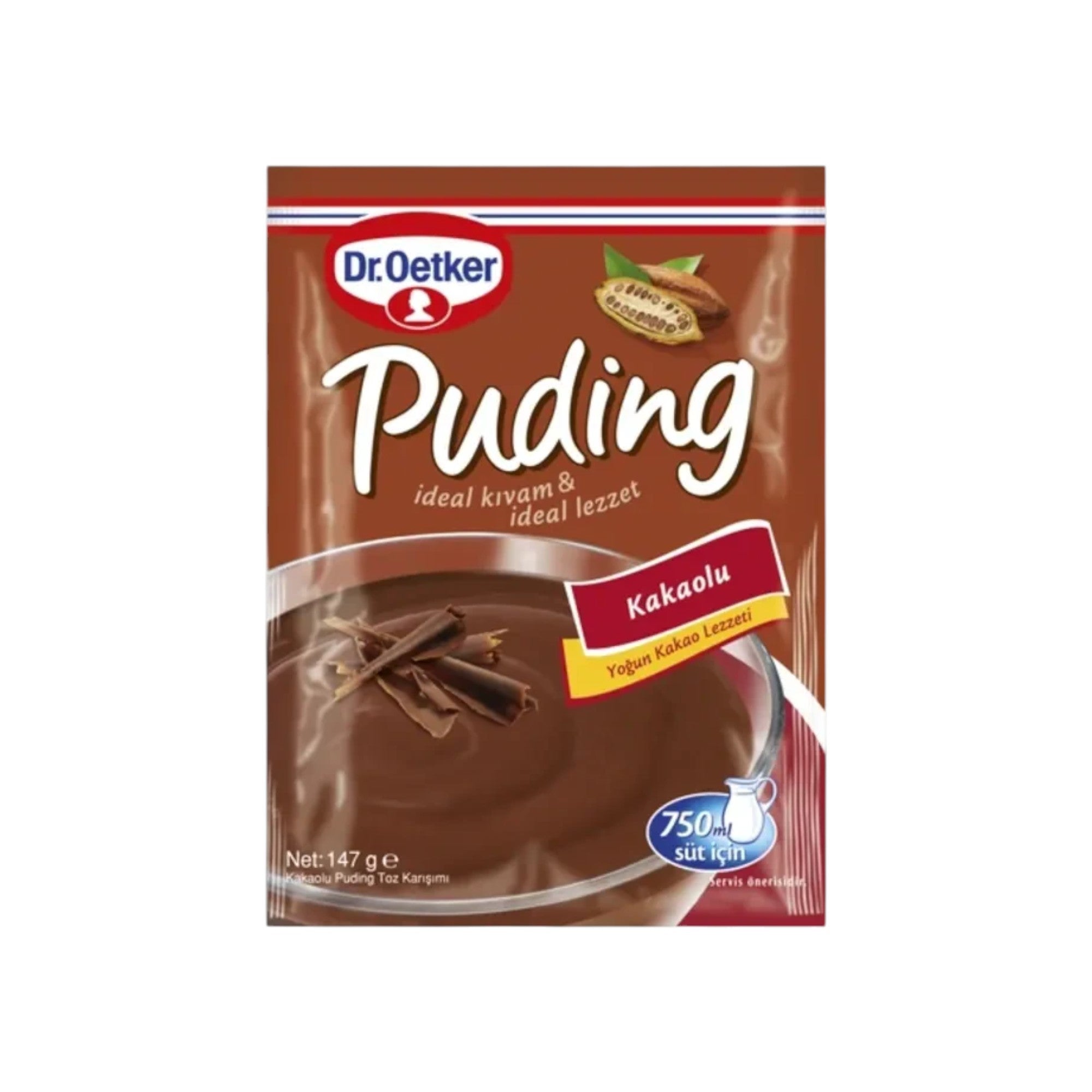Dr. Oetker Kakaolu chocolate pudding mix packet with 147g net weight and instructions for 750ml milk.