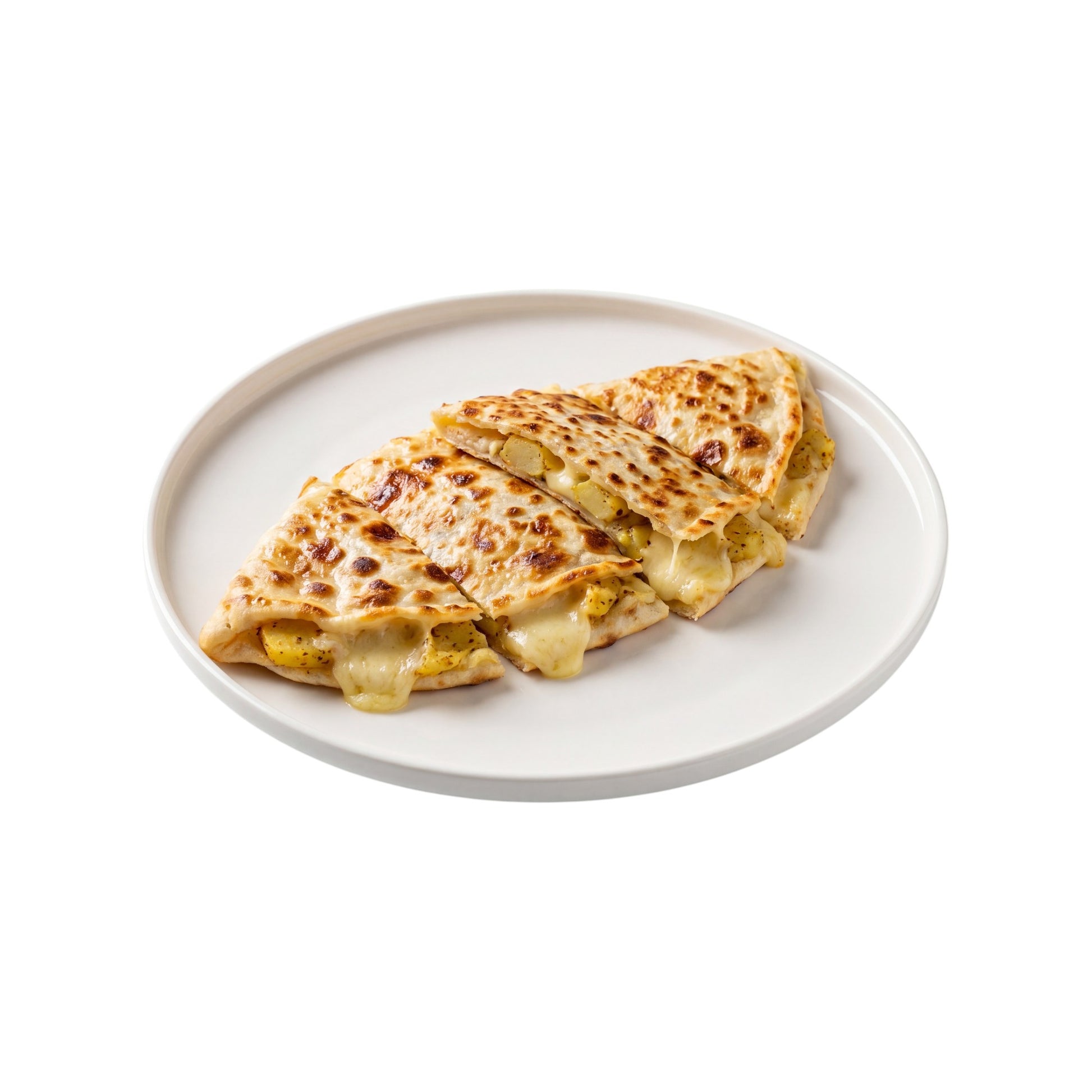 Prime Market Gozleme stuffed with potato and kashkaval cheese, sliced into triangles on a white plate.